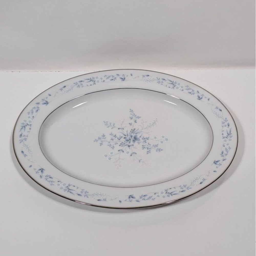 Noritake Carolyn Oval Serving Platter White Blue Floral Silver Trim Porcelain